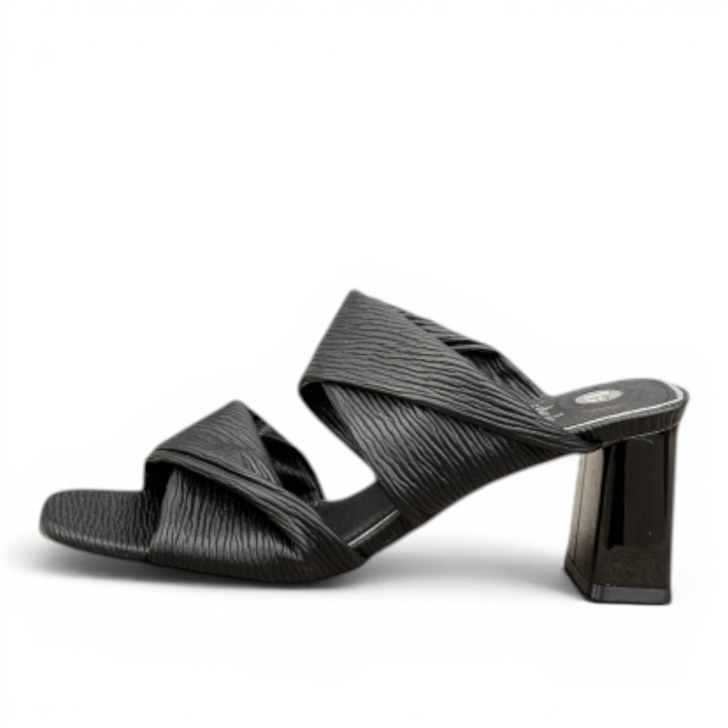 My Store black faux leather slide sandals with twisted straps and a 6cm block heel.