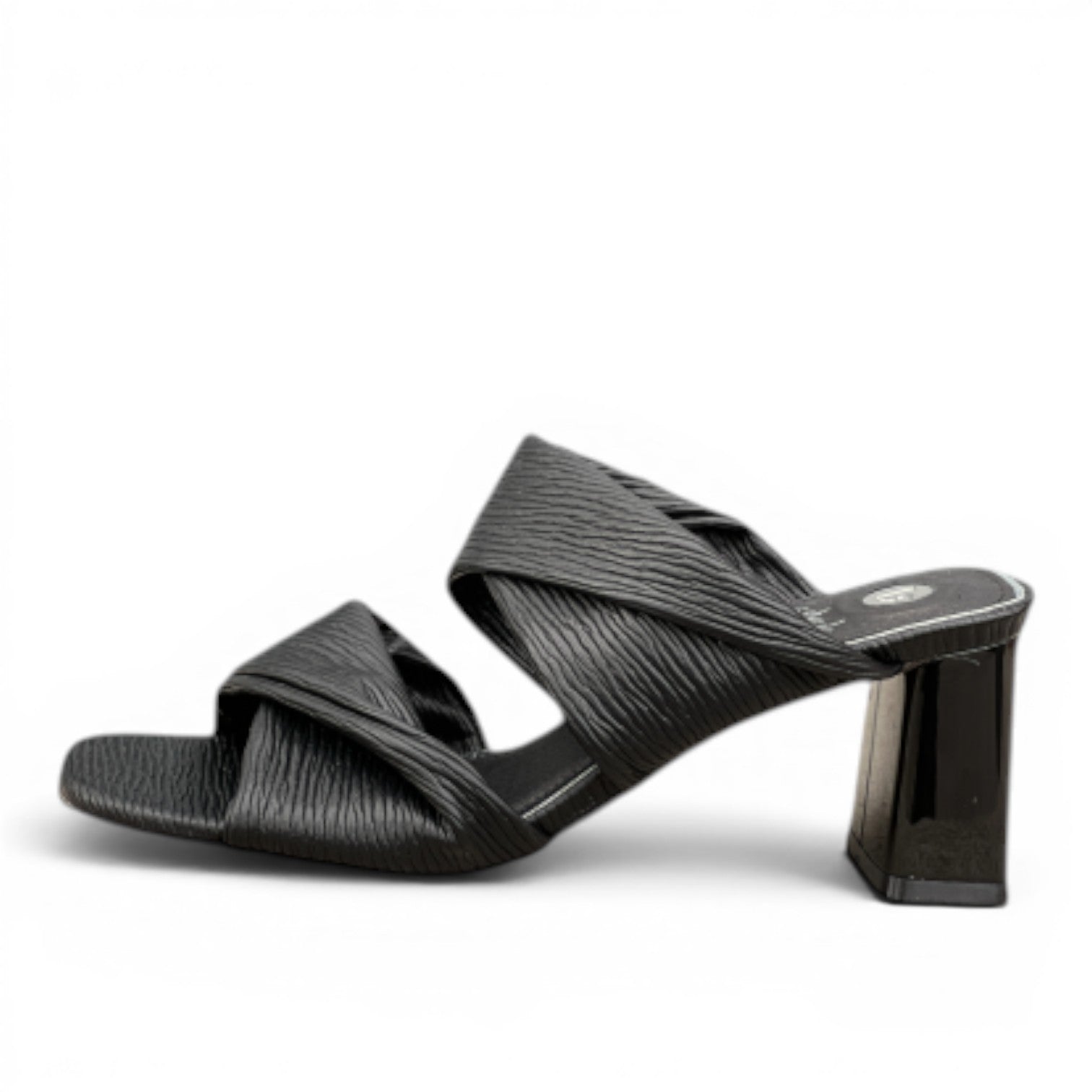 My Store black faux leather slide sandals with twisted straps and a 6cm block heel.