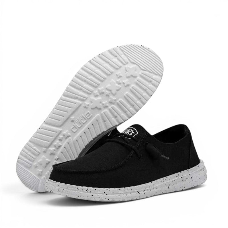 My Store black slub canvas Wendy moccasins with speckled white sole and elastic laces.