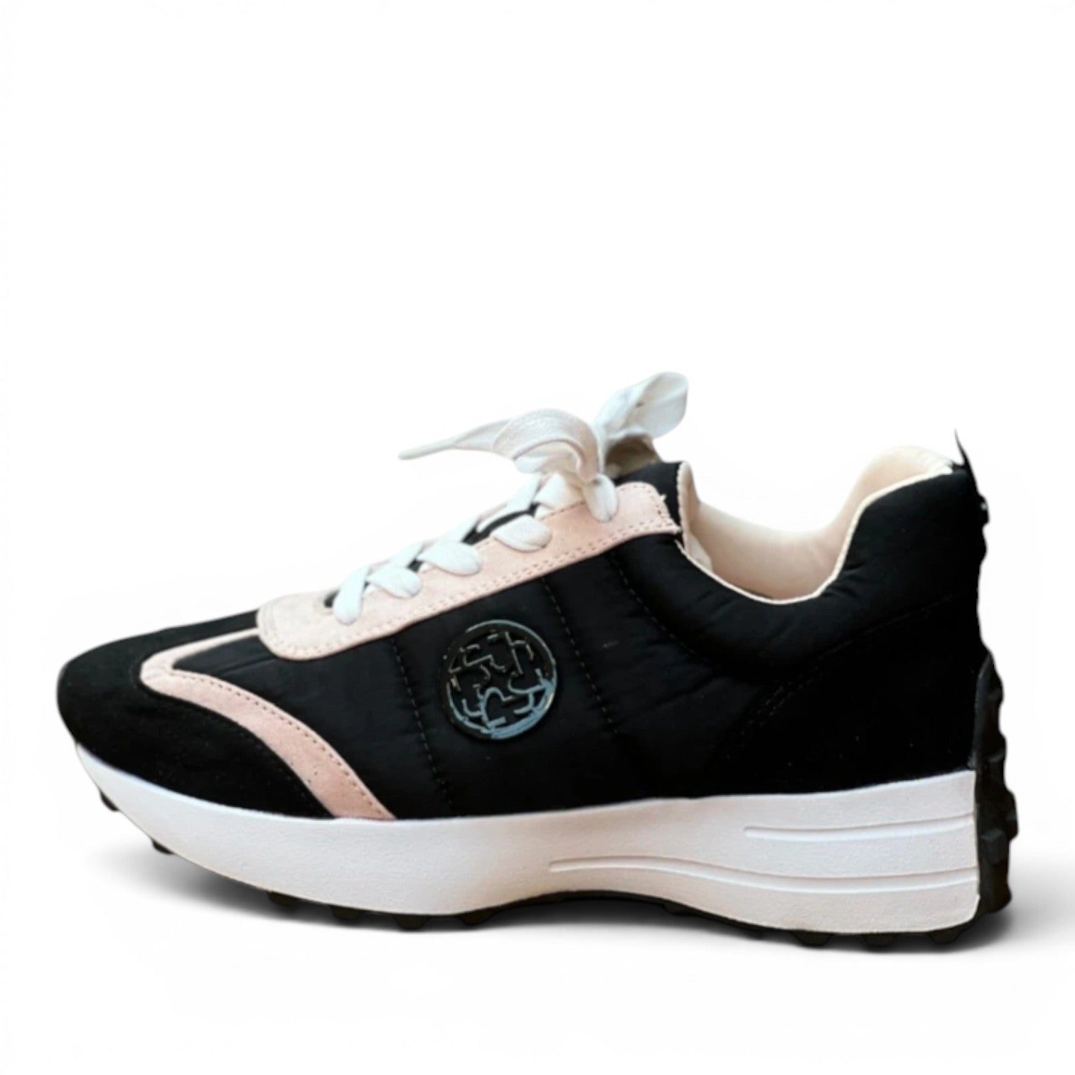 My Store black textile and combined leather sneakers with pink accents and white laces, featuring memory foam insole.