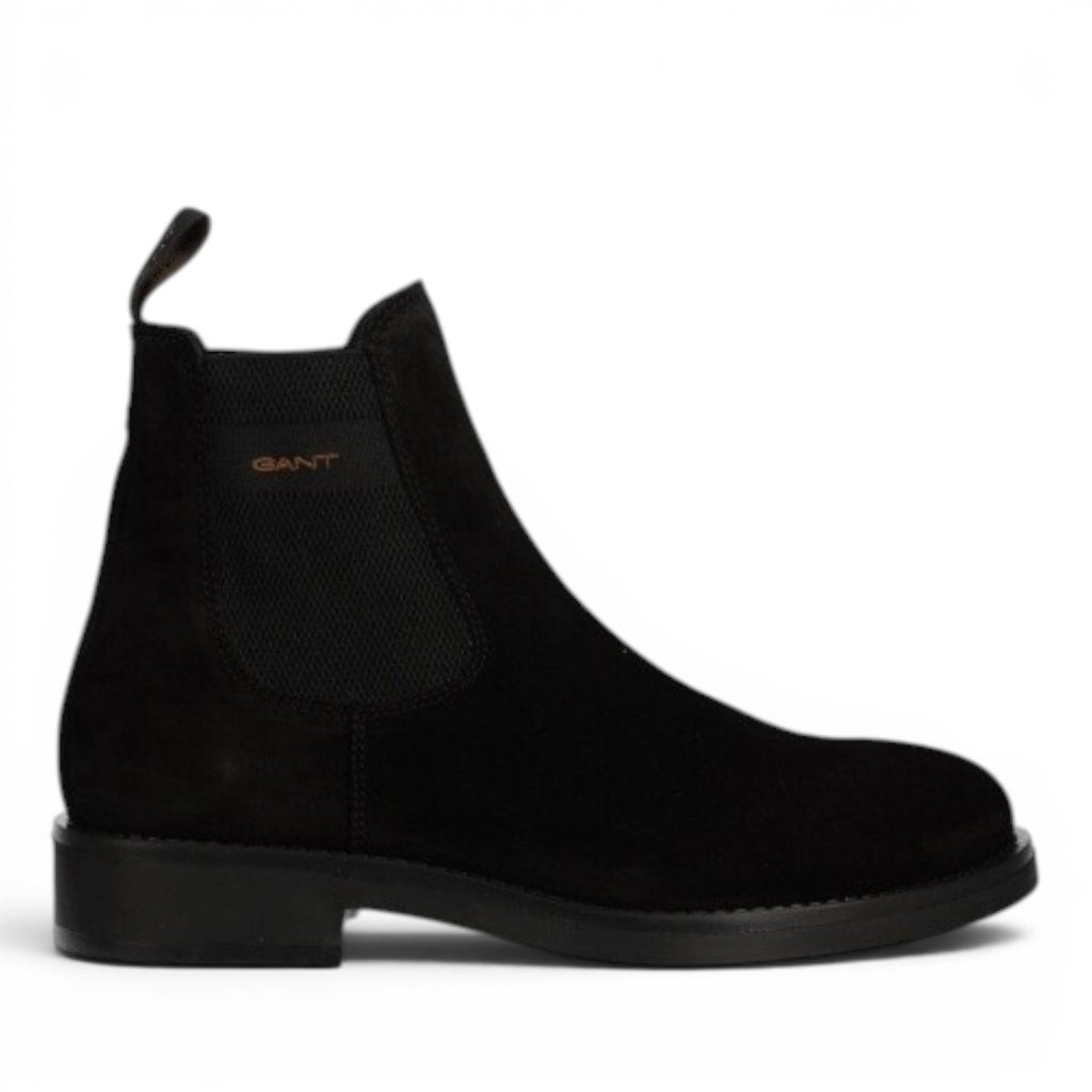 My Store black suede chelsea boots with elastic side panels and a low block heel.