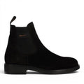 My Store black suede chelsea boots with elastic side panels and a low block heel.