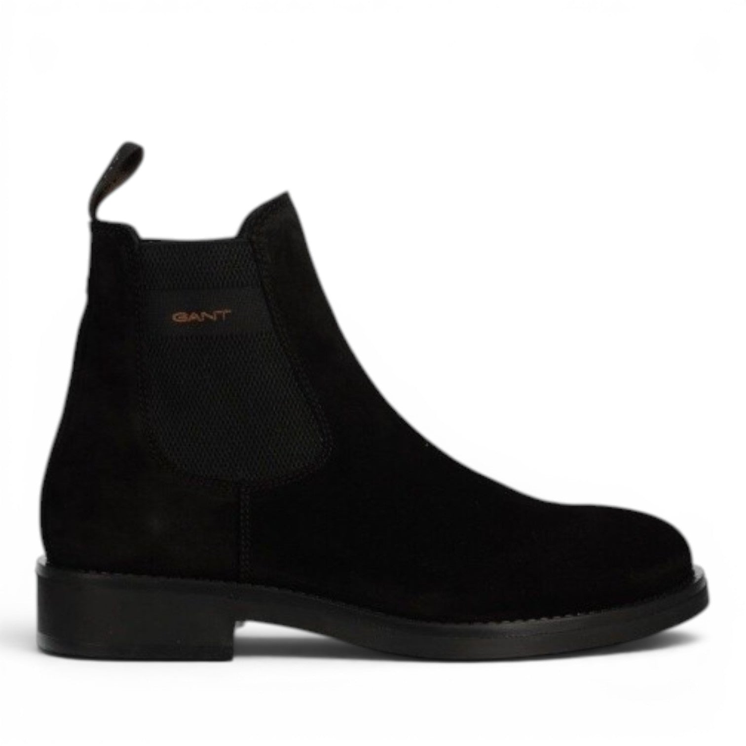 My Store black suede chelsea boots with elastic side panels and a low block heel.
