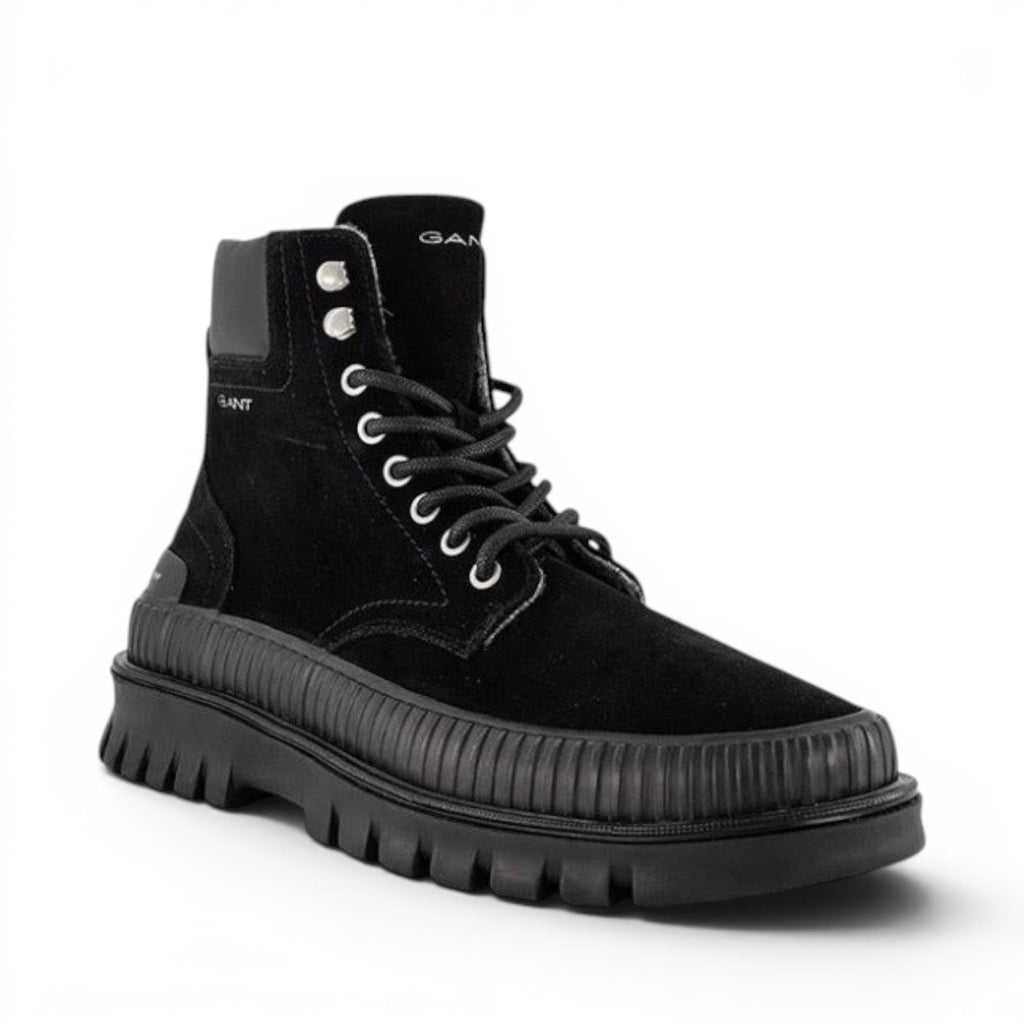 My Store black suede leather lace-up combat boots with a thick rubber sole and textile lining.