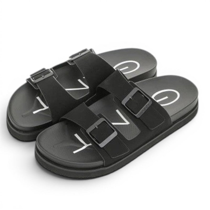My Store black synthetic Palbuddy slides with double buckle straps and rubber soles.