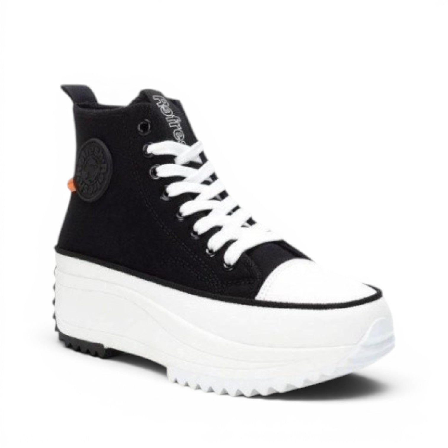 My Store black textile high-top sneakers with white laces and a thick white platform sole. Zipper on the inside.