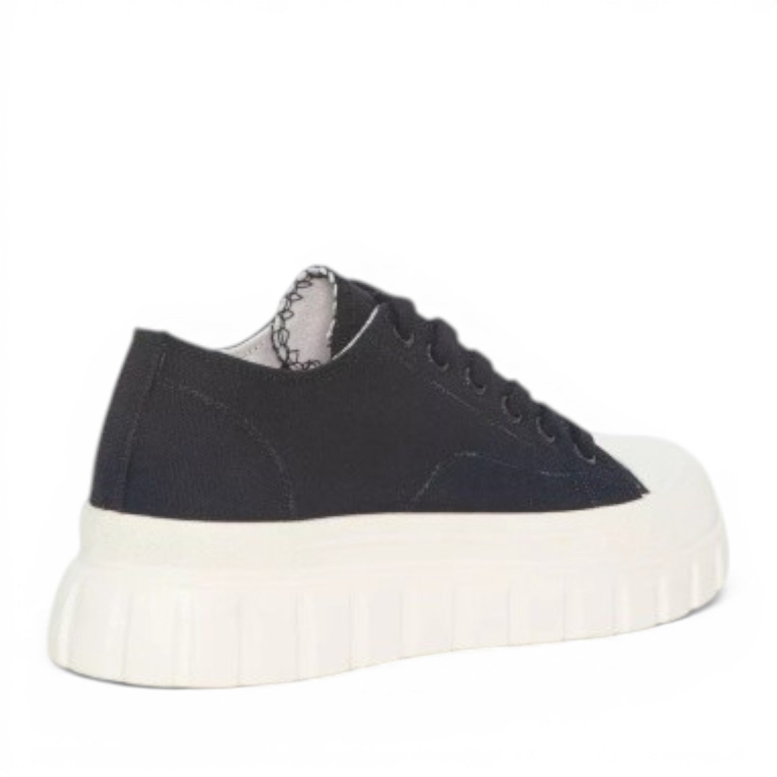 My Store black textile low-top sneakers with a thick white rubber sole and white toe cap.