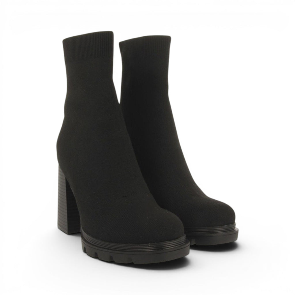 My Store black textile sock boots with a chunky platform sole and 9.5cm block heel.