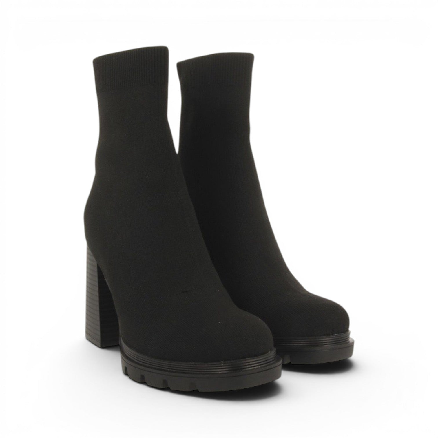 My Store black textile sock boots with a chunky platform sole and 9.5cm block heel.