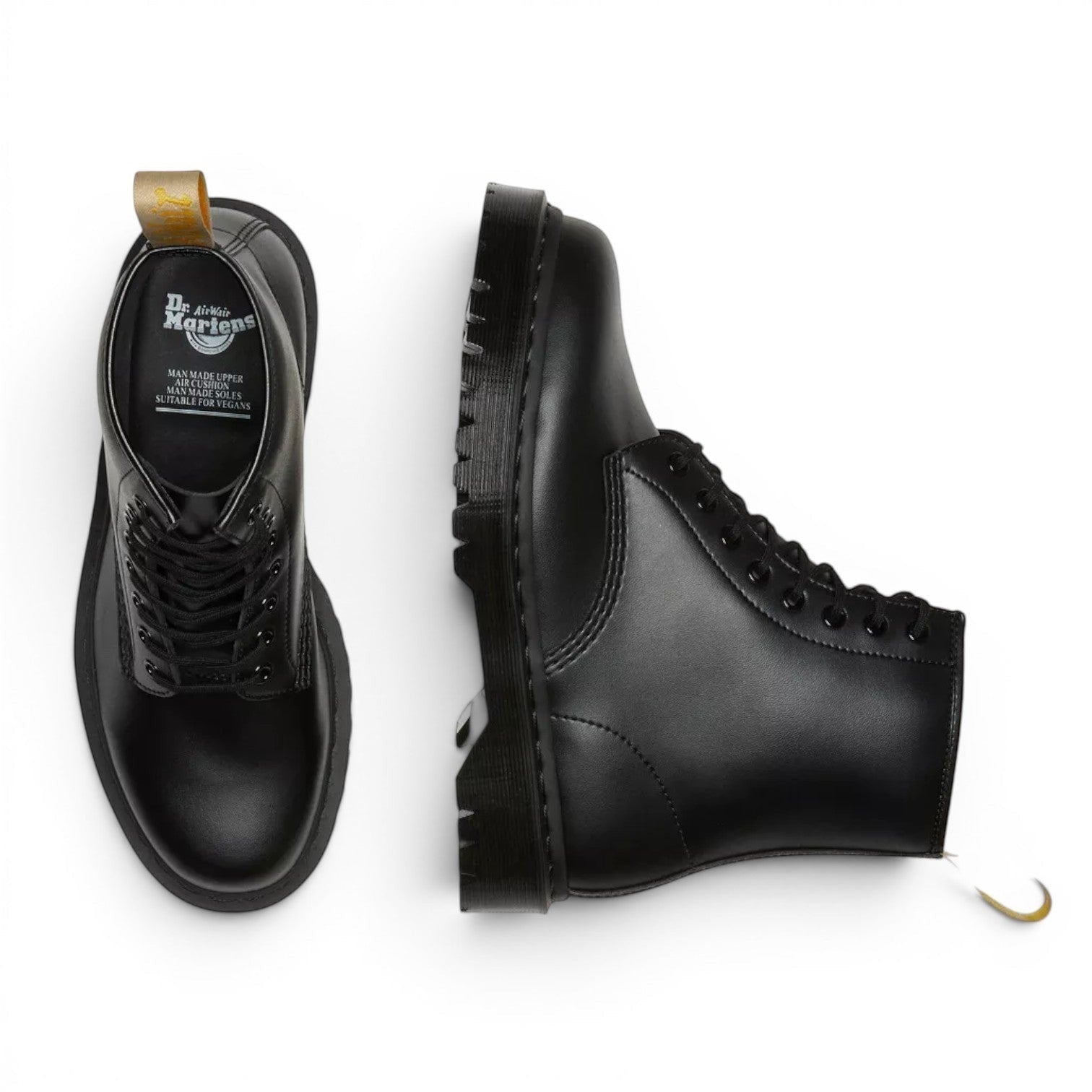 My Store black vegan leather 1460 Bex Mono Dr. Martens boots with yellow heel loop and thick sole.