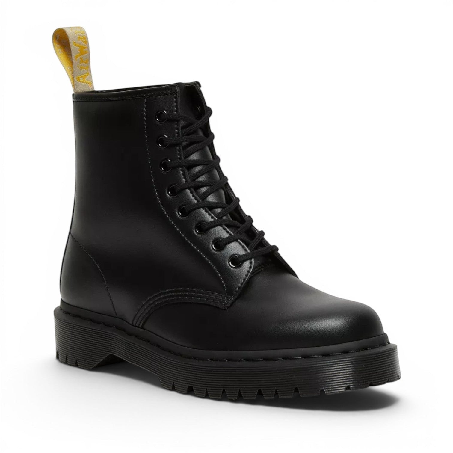 My Store black vegan leather 1460 Bex Mono Dr. Martens boots with yellow heel loop and thick platform sole.