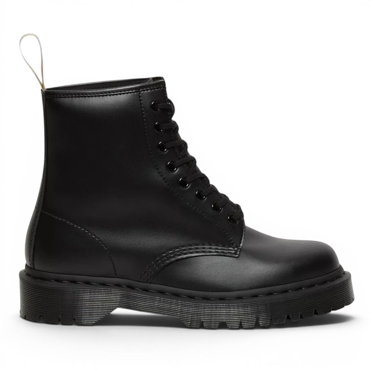 My Store black vegan leather 1460 Bex Mono Dr. Martens boots with a platform sole and yellow heel loop.
