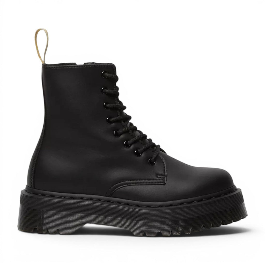 My Store black vegan leather Jadon II Mono platform boots with side zip and yellow heel loop.