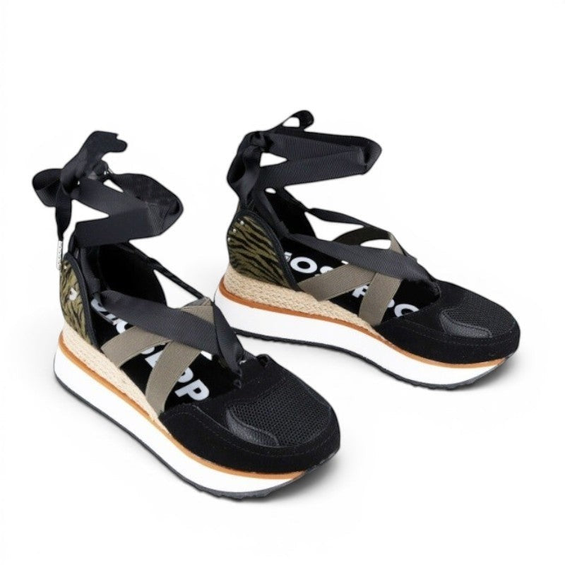 My Store black leather and textile wedge espadrilles with zebra print detail and ribbon ankle ties.