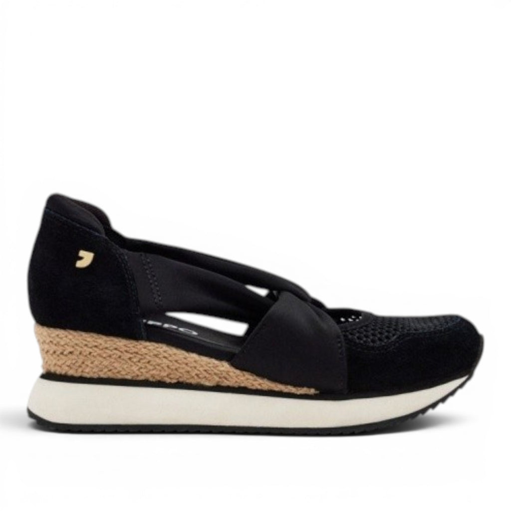 My Store black leather and textile wedge sandals with criss-cross straps and espadrille detail. 5.5cm heel.
