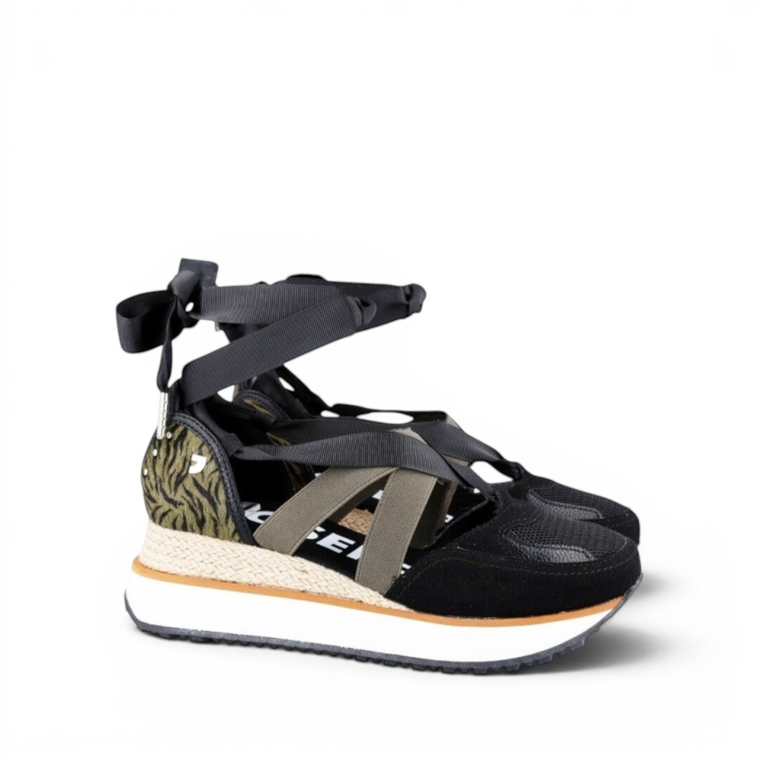 My Store black leather and textile wedge sandals with tiger print detail and ankle ties.