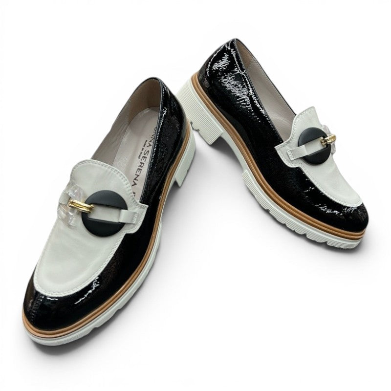 My Store black and white patent leather loafers with gold and black buckle detail.