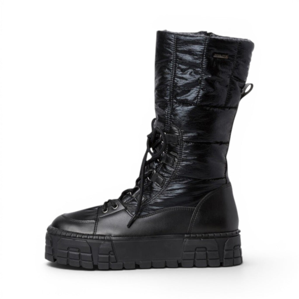 My Store black quilted DUO tex winter boots with warm wool lining and side zip. Features a lace-up front and thick platform sole.