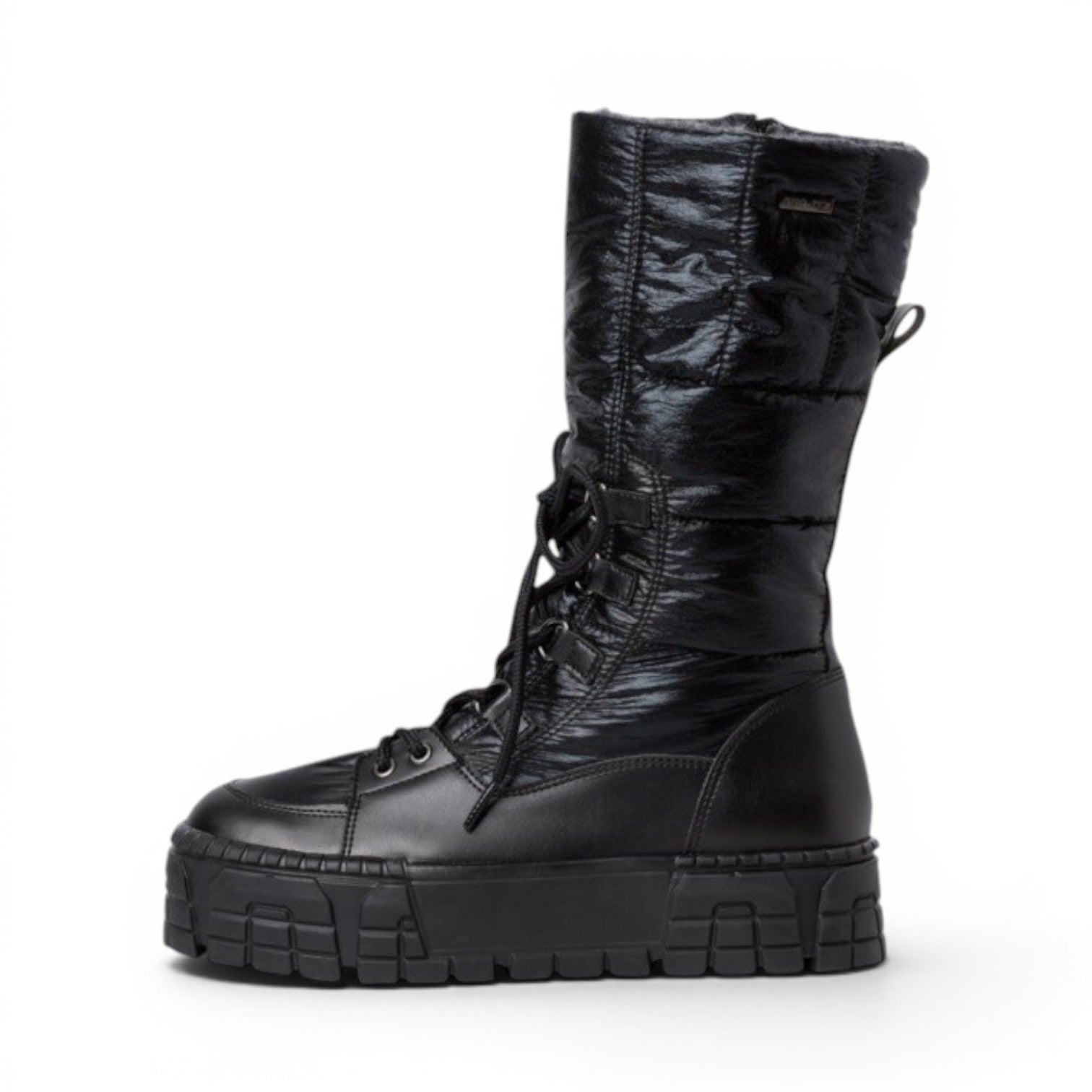 My Store black quilted DUO tex winter boots with warm wool lining and side zip. Features a lace-up front and thick platform sole.