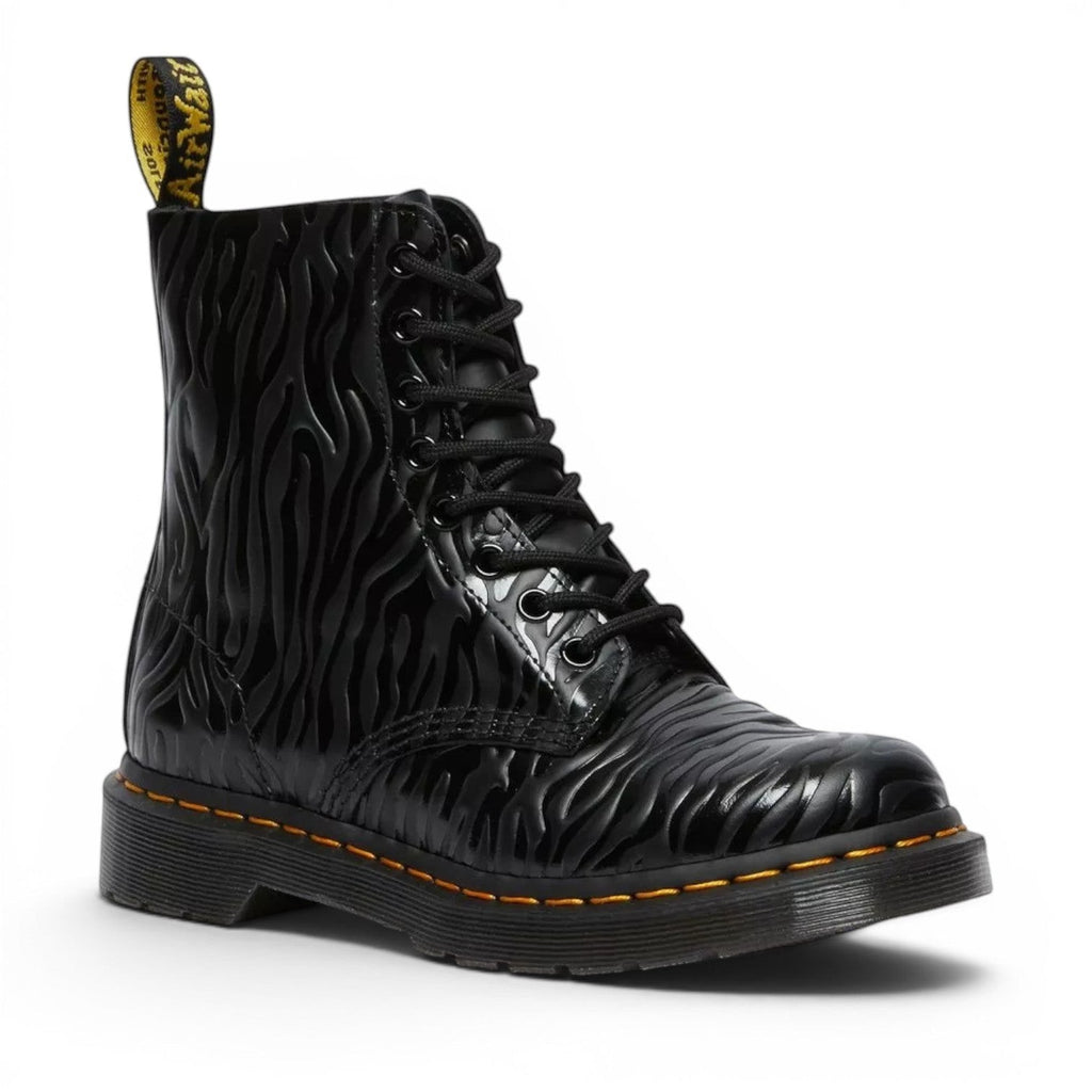 My Store black leather 1460 Pascal Zebra Emboss Smooth boots with lace-up front and yellow heel tab.