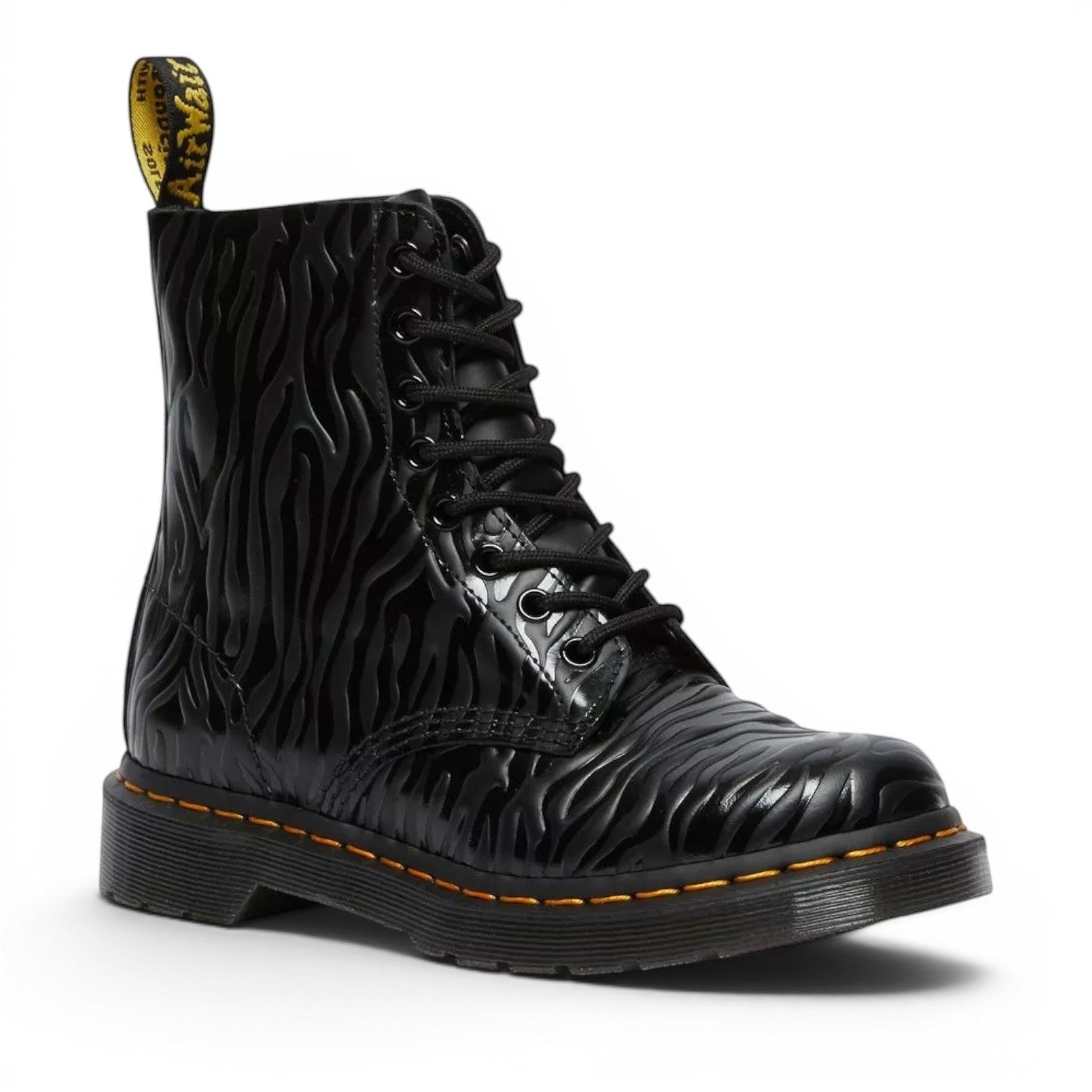 My Store black leather 1460 Pascal Zebra Emboss Smooth boots with lace-up front and yellow heel tab.