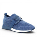 My Store blue knit slip-on sneakers with memory foam insole and decorative buckle detail.