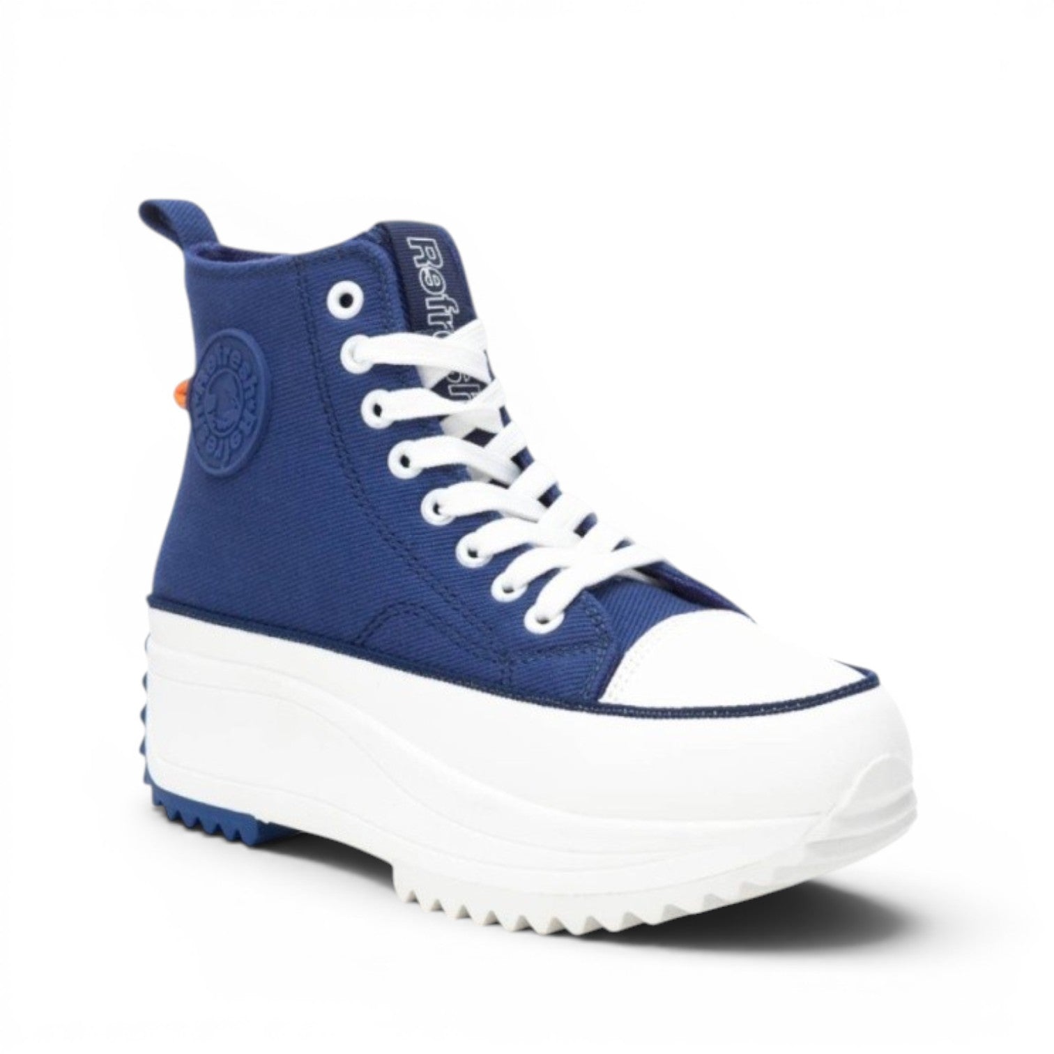 My Store blue textile high-top sneakers with white platform sole and laces. Round toe and lug sole.
