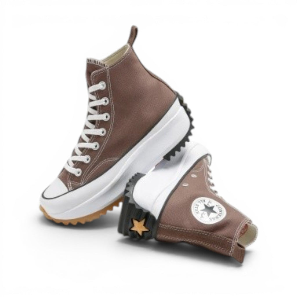 My Store brown textile Converse Run Star Hike Platform Hi high-top sneakers with white laces and platform sole.