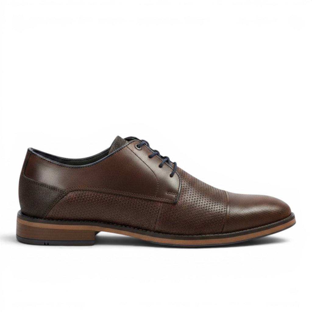 My Store brown leather derby shoes with perforated toe cap and dark blue laces. Made in Portugal.