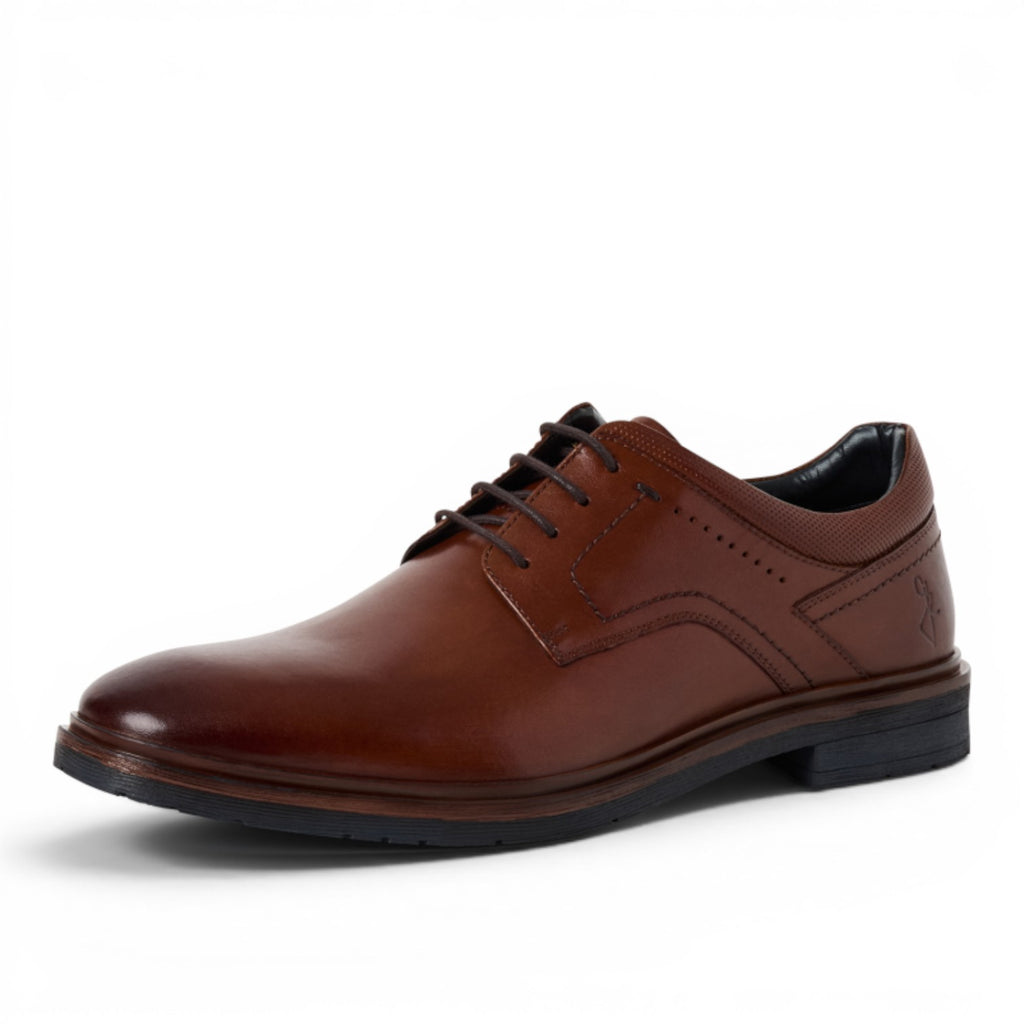 My Store men's brown leather derby shoes with textile lining and rubber sole. Features classic lacing and perforated detail.