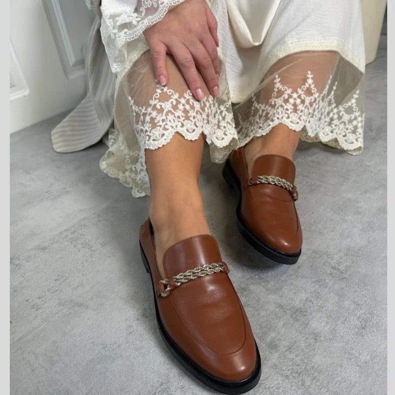 My Store brown leather loafers with gold chain detail and flexible sole. Women's slip-on shoes.