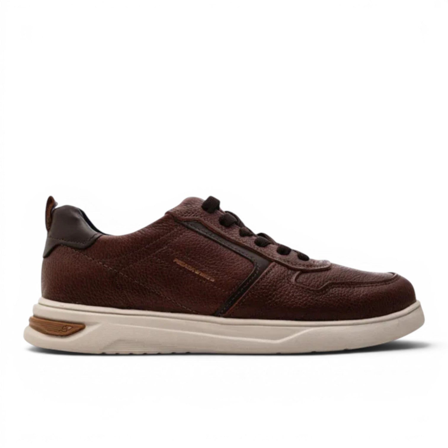 My Store brown leather casual sneakers with white soles and elastic laces.