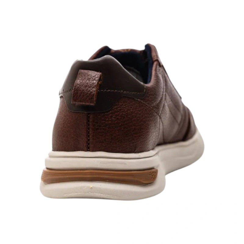 My Store brown pebbled leather casual sneakers with a white Levitech sole and elastic laces.