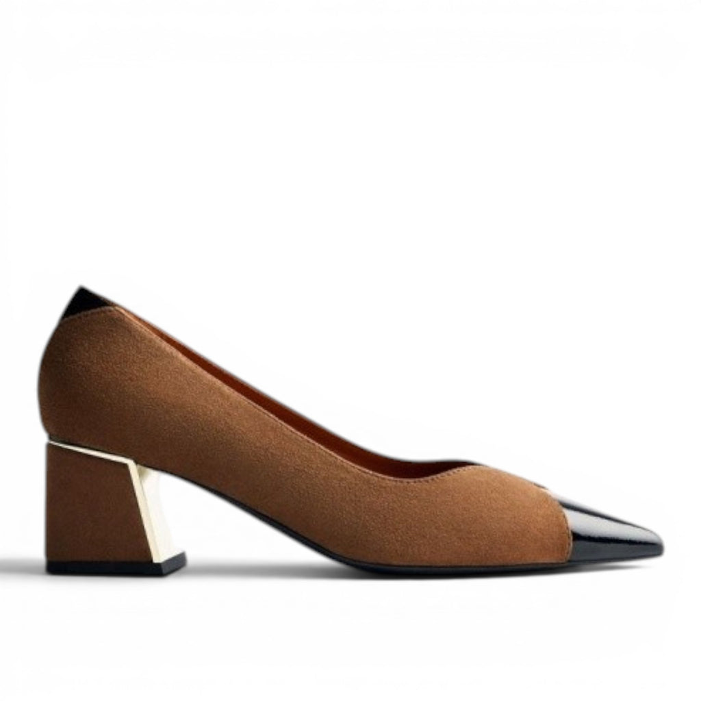 My Store brown synthetic suede pump with black toe cap and metallic block heel
