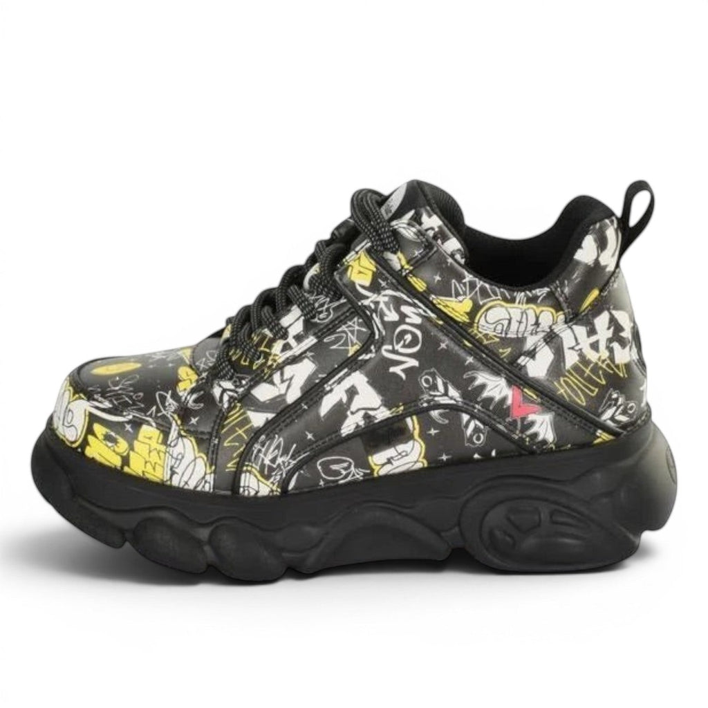 My Store CLD Corin vegan sneakers with black, white, and yellow graffiti print. Synthetic upper and lining, polyurethane sole.