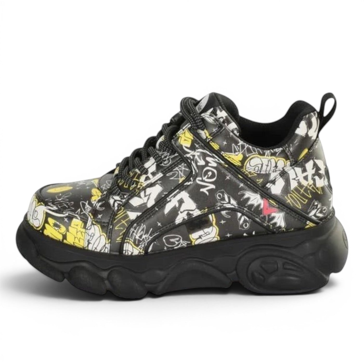 My Store CLD Corin vegan sneakers with black, white, and yellow graffiti print. Synthetic upper and lining, polyurethane sole.