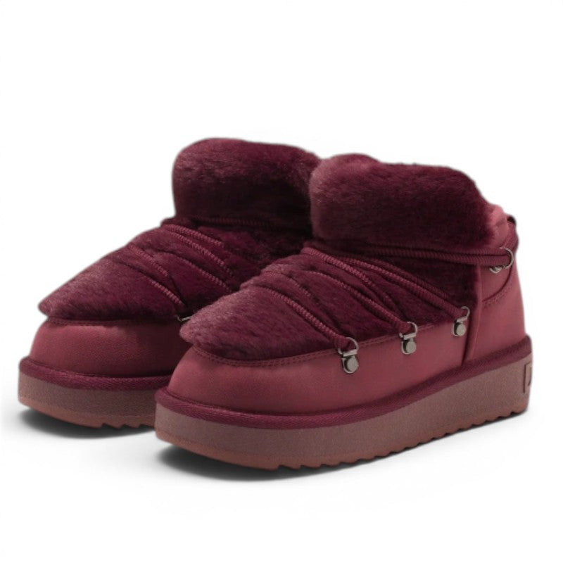 My Store burgundy synthetic fur-lined ankle boots with quilted detailing and lace-up front.