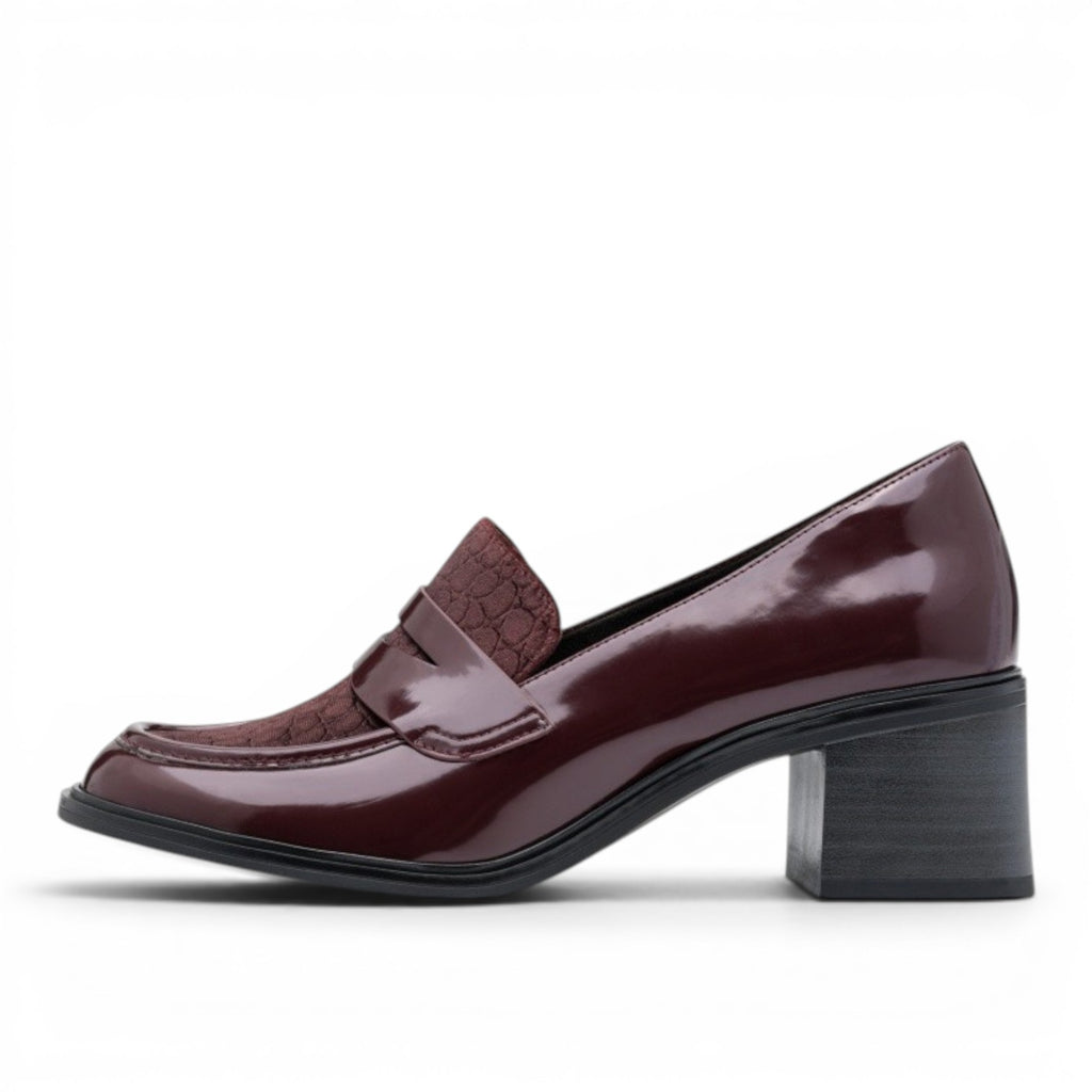 My Store burgundy patent leather loafers with a textured fabric vamp and a 60mm block heel.