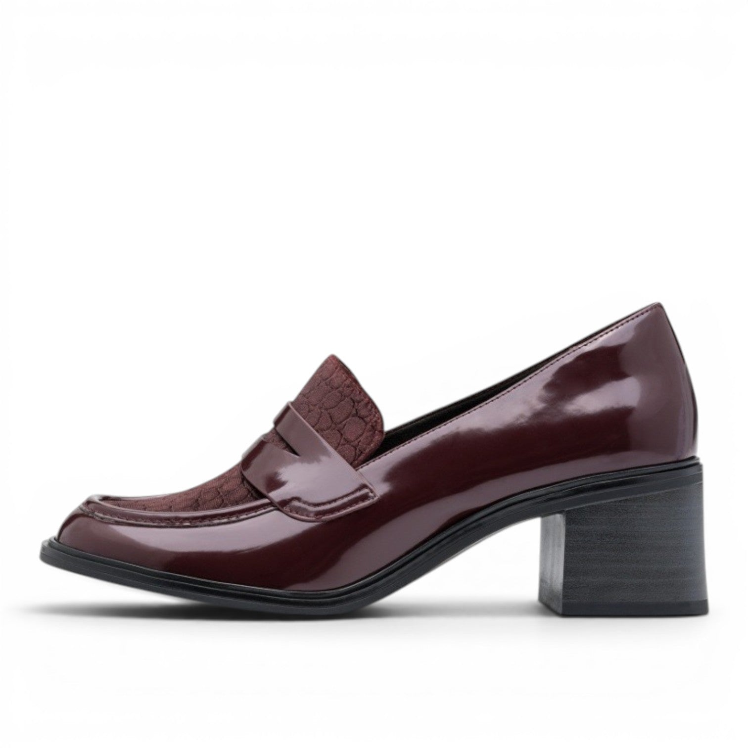 My Store burgundy patent leather loafers with a textured fabric vamp and a 60mm block heel.