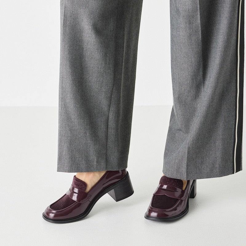 My Store burgundy patent leather loafers with a 60mm platform and memory foam insole.