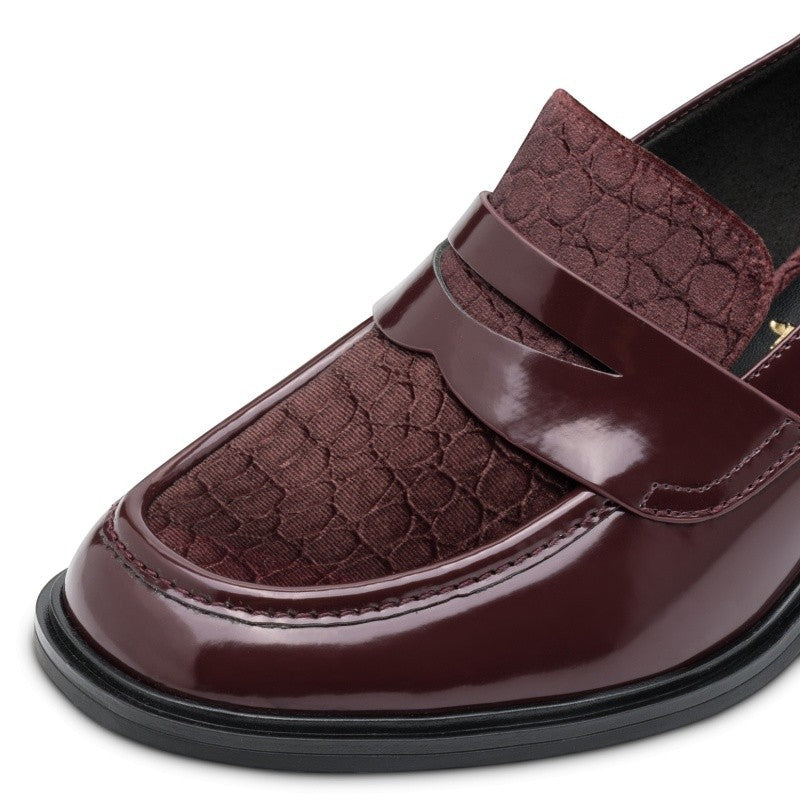 My Store burgundy patent synthetic loafers with textured fabric panels and a 60mm platform sole.