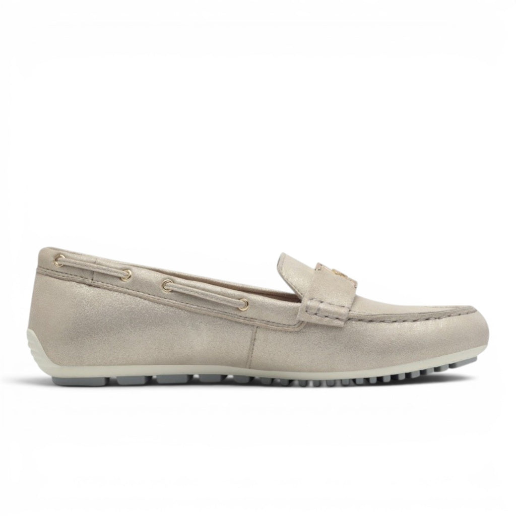 My Store women's champagne leather loafers with gold buckle detail and rubber sole.