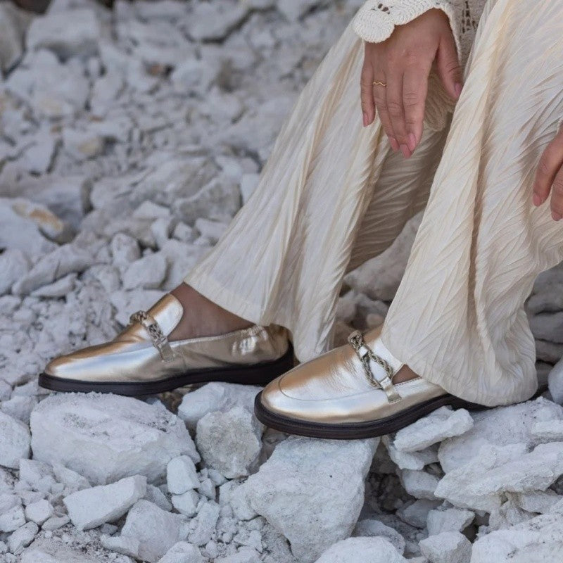 My Store Copenhagen gold metallic leather loafers with chain detail and elasticated heel for a perfect fit.