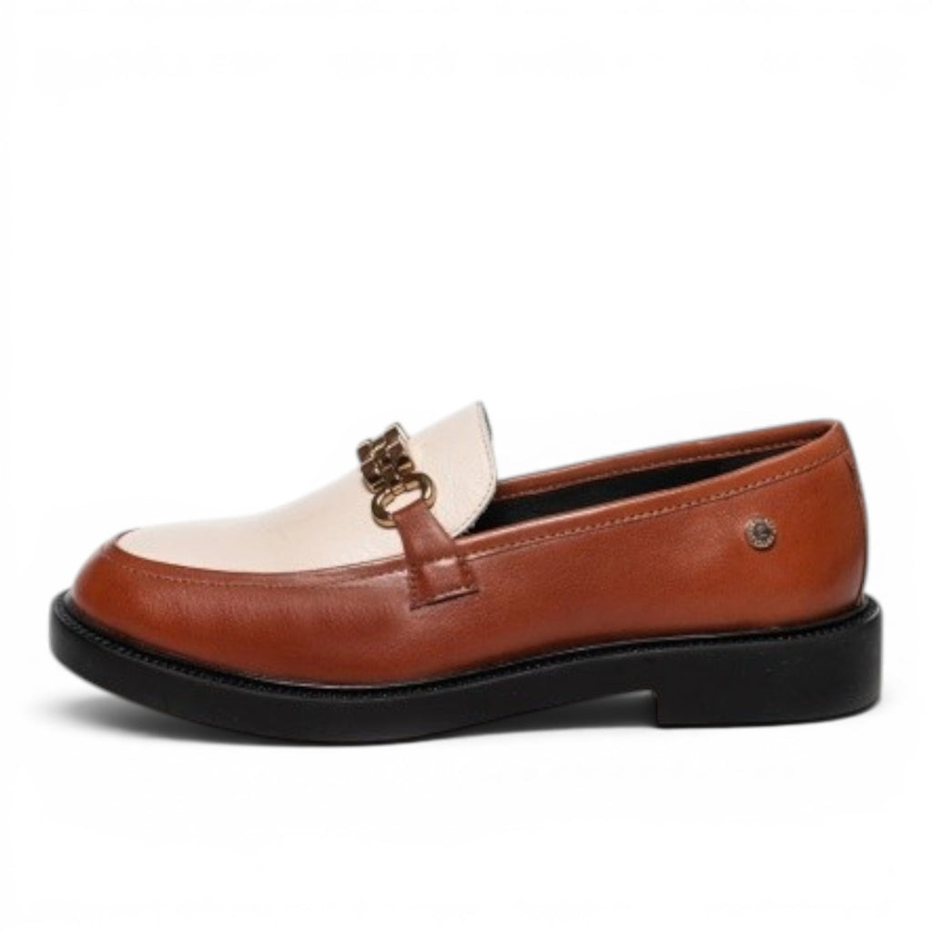 My Store Copenhagen two-tone leather loafers with gold chain detail and black TPR sole.