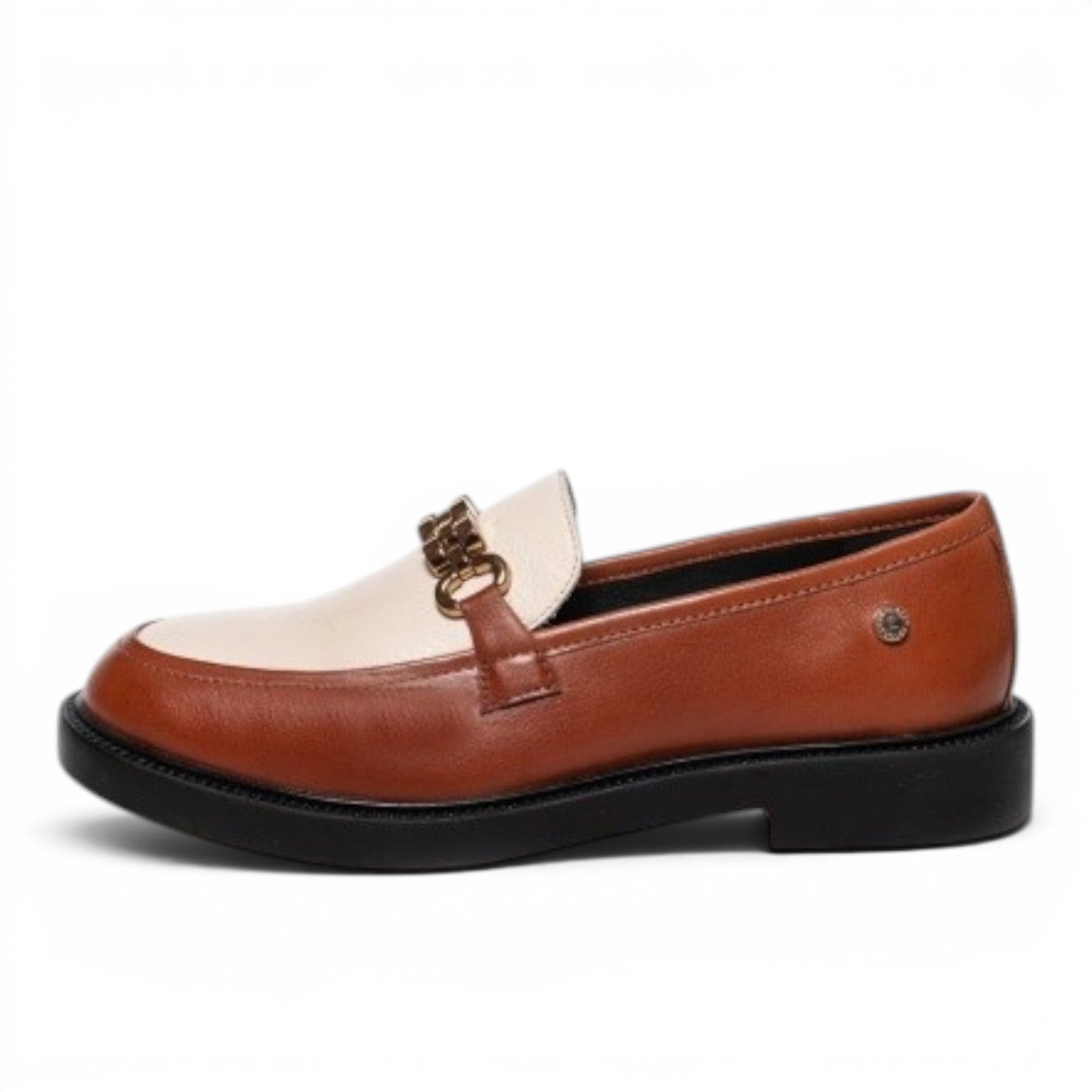 My Store Copenhagen two-tone leather loafers with gold chain detail and black TPR sole.