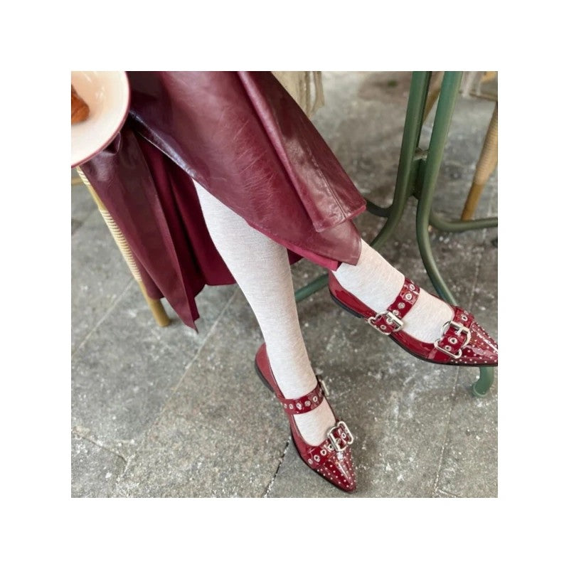 My Store Copenhagen CS8346 patent leather ballet flats in red, featuring double buckle straps and stud embellishments.