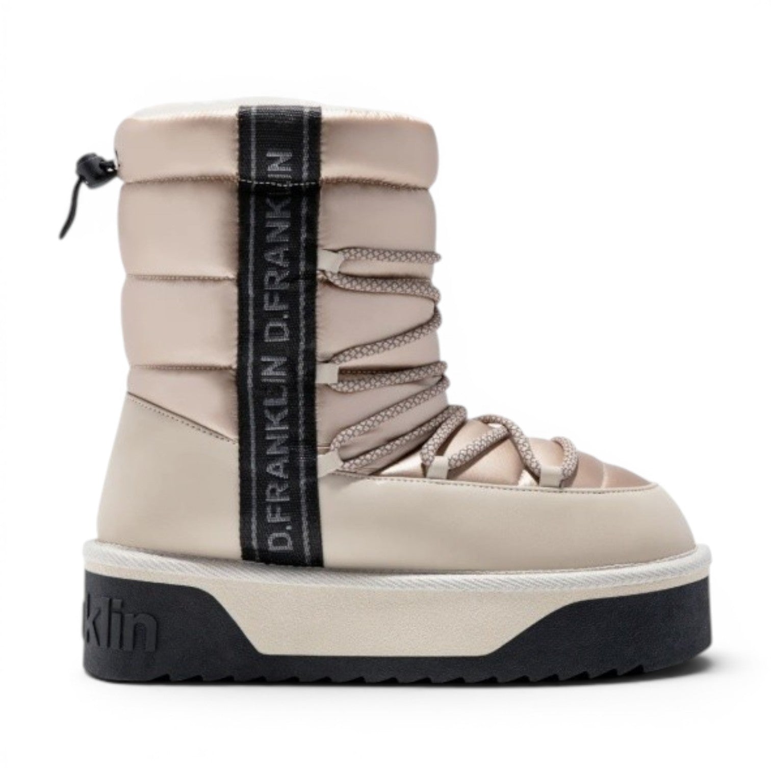 My Store D.Franklin Nordic V2 Bomb beige quilted synthetic winter boots with thick sole and reflective laces.