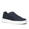 My Store dark blue leather sneakers with white sole and elastic laces with metal tips for easy on and off.