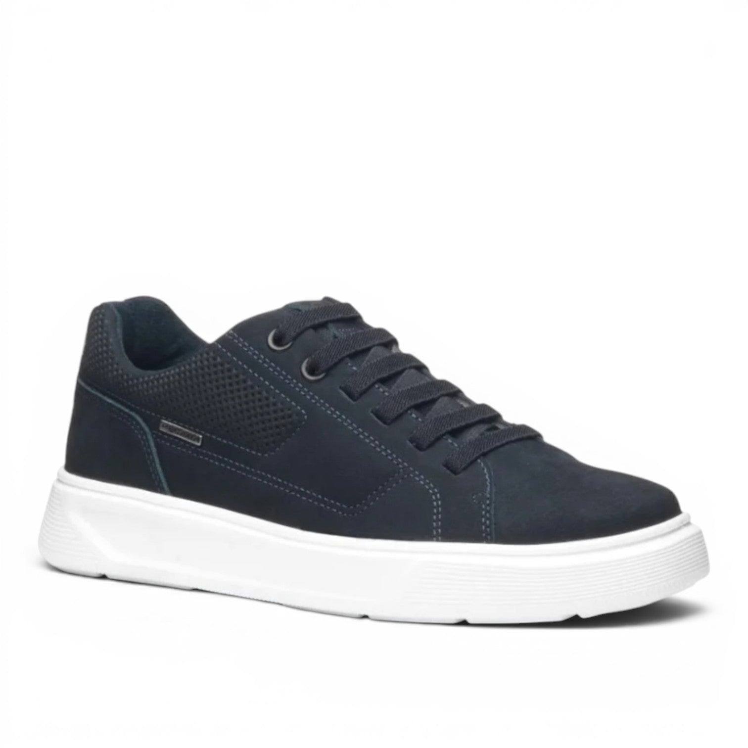 My Store dark blue leather sneakers with white sole and elastic laces with metal tips for easy on and off.