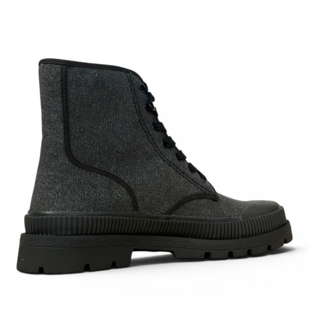 My Store dark grey textile lace-up combat boots with a thick rubber sole and black laces.